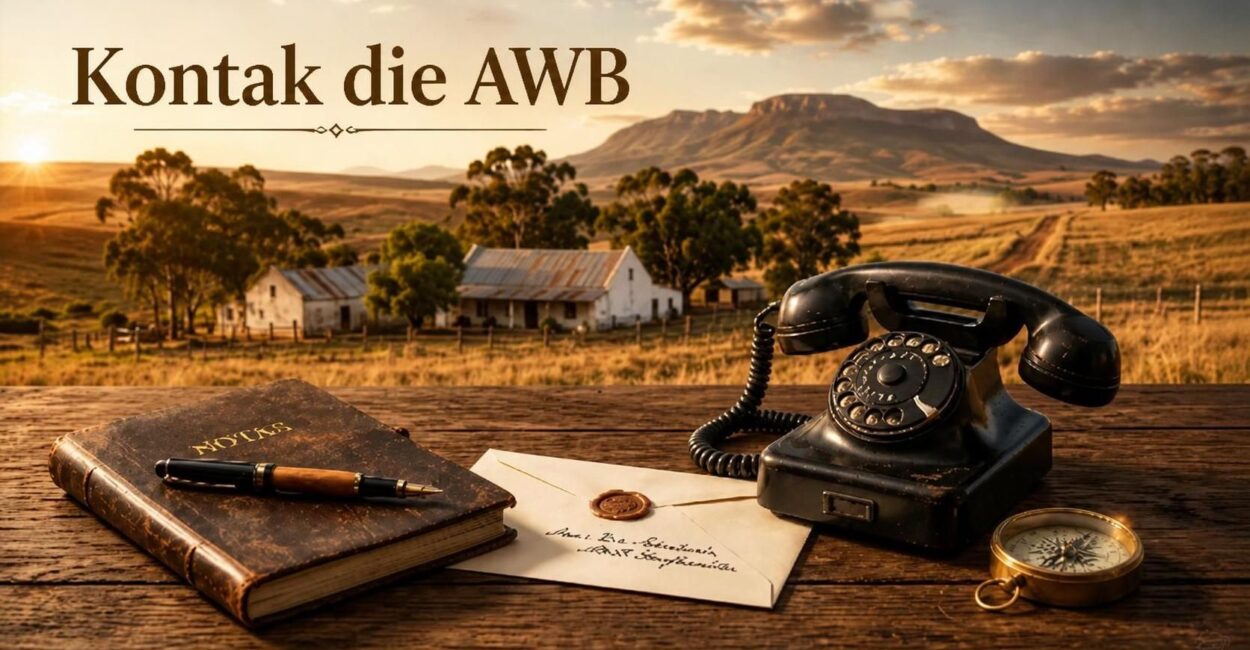 Kontak die AWB Hoofkantoor 018-264-3669 Kontak die AWB-banier met ’n plaaslandskap, ou draaifoon, notaboek, brief en kompas.